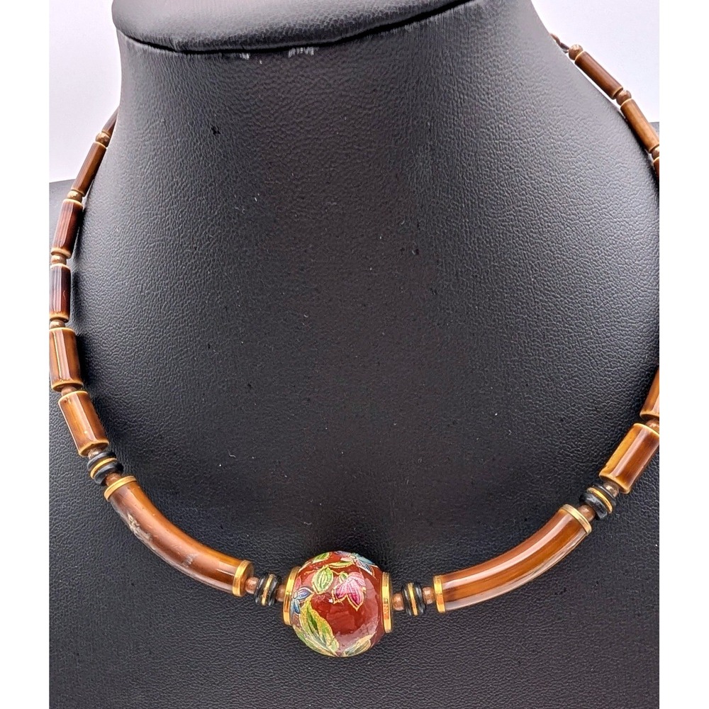 Vintage Japan Cloisonne Floral Bead Bamboo Tube Choker Necklace Brown Gold Tone